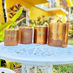 Vintage Copper Kitchen Canister Set Flour Sugar Coffee Tea Rustic Farmhouse